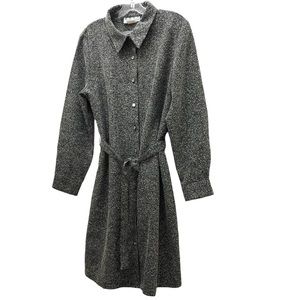 Real Comfort Long Sleeve Button Down Tie Waist Shirtdress W Size 12 Black/White